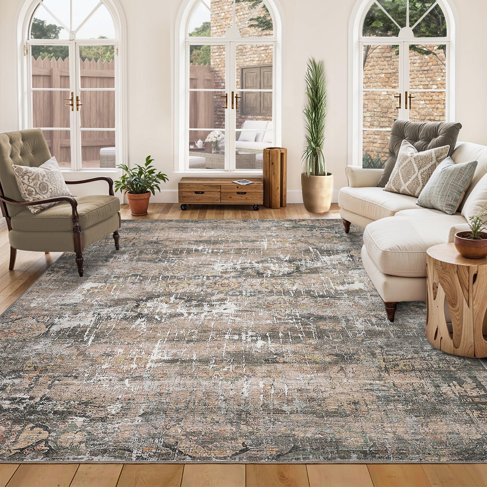 Garvee Washable Area Rugs for Living Room, 5x7 Soft Vintage Bedroom Rug Foldable Non-Slip Low Pile Area Rug Farmhouse Throw Carpet for Dining Room Home (Taupe, 5'x7')
