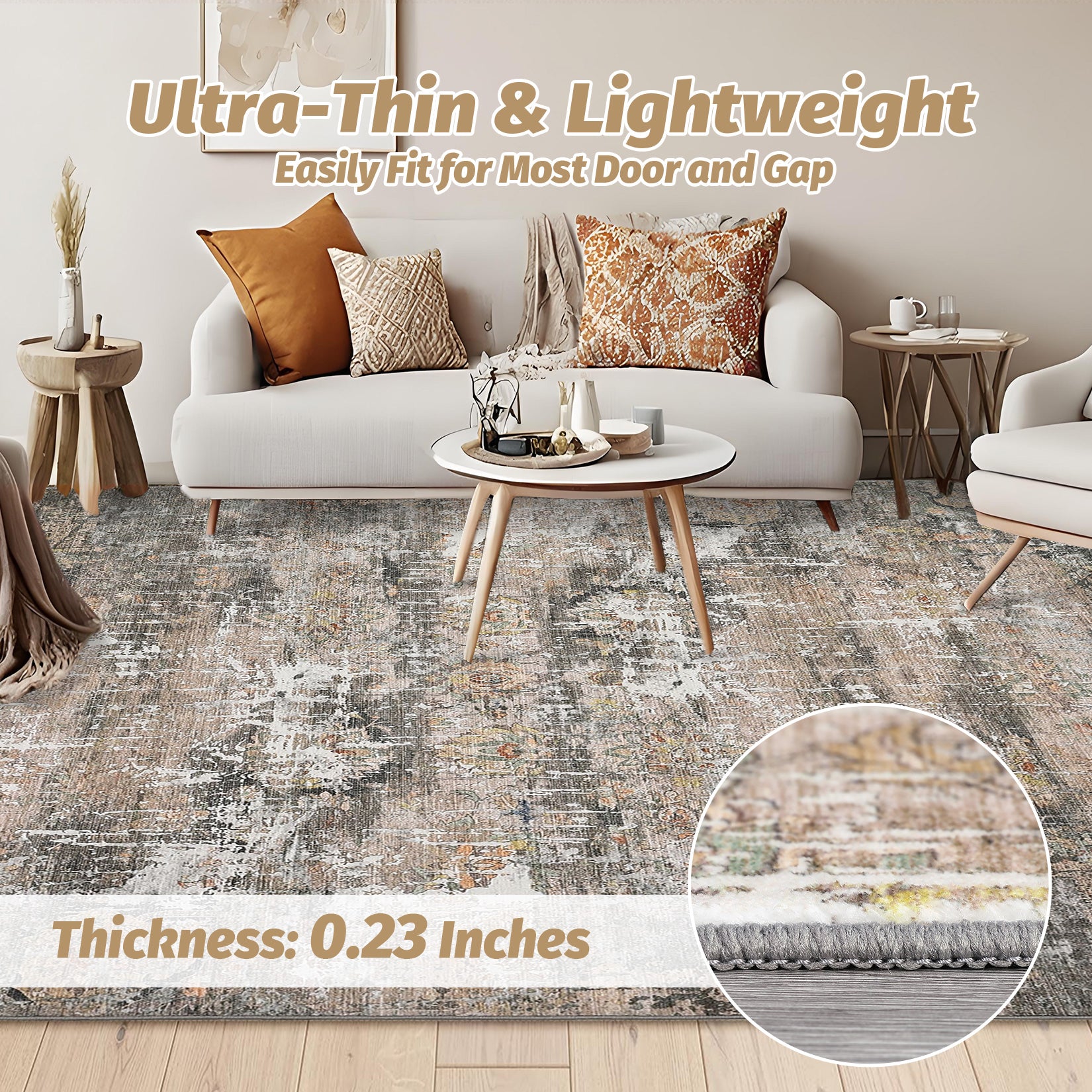 Garvee Washable Area Rugs for Living Room, 5x7 Soft Vintage Bedroom Rug Foldable Non-Slip Low Pile Area Rug Farmhouse Throw Carpet for Dining Room Home (Taupe, 5'x7')