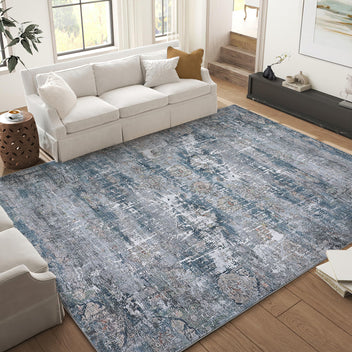 Garvee Vintage Area Rug, 5x7 Boho Washable Living Room Bedroom Rug Retro Non-Slip Non-Shedding Low Pile Farmhouse Area Rug Throw Rug for Dining Room Home (Blue/Grey, 5'x7')