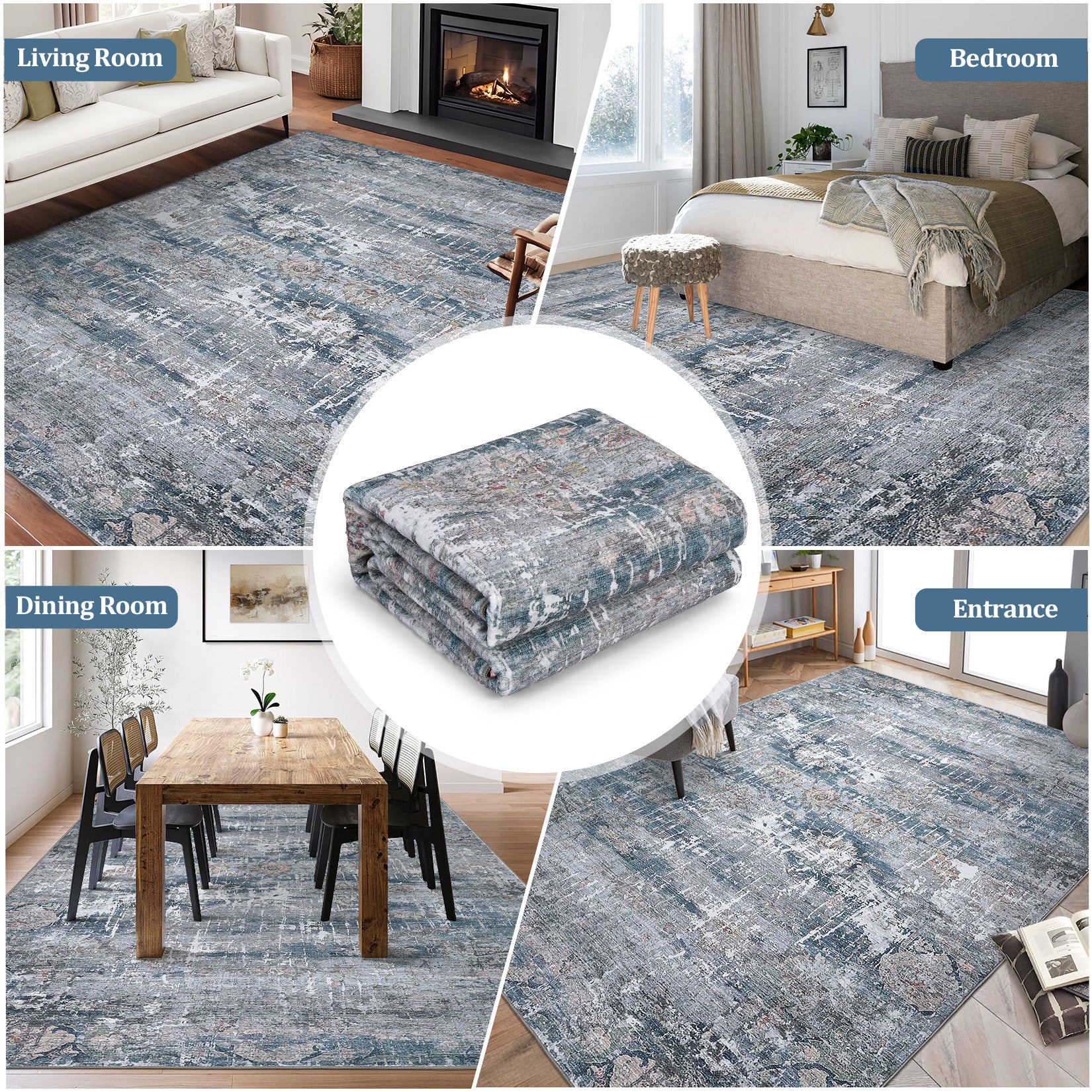 Garvee Vintage Area Rug, 5x7 Boho Washable Living Room Bedroom Rug Retro Non-Slip Non-Shedding Low Pile Farmhouse Area Rug Throw Rug for Dining Room Home (Blue/Grey, 5'x7')