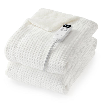 Garvee Waffle Heated Throw Blanket, Machine Washable Electric Blankets Fast Heating with LCD Controller, 6 Heat Levels & 1-4H Time Settings, ETL Certified Heat Throw for Couch, White, 50" x 60"