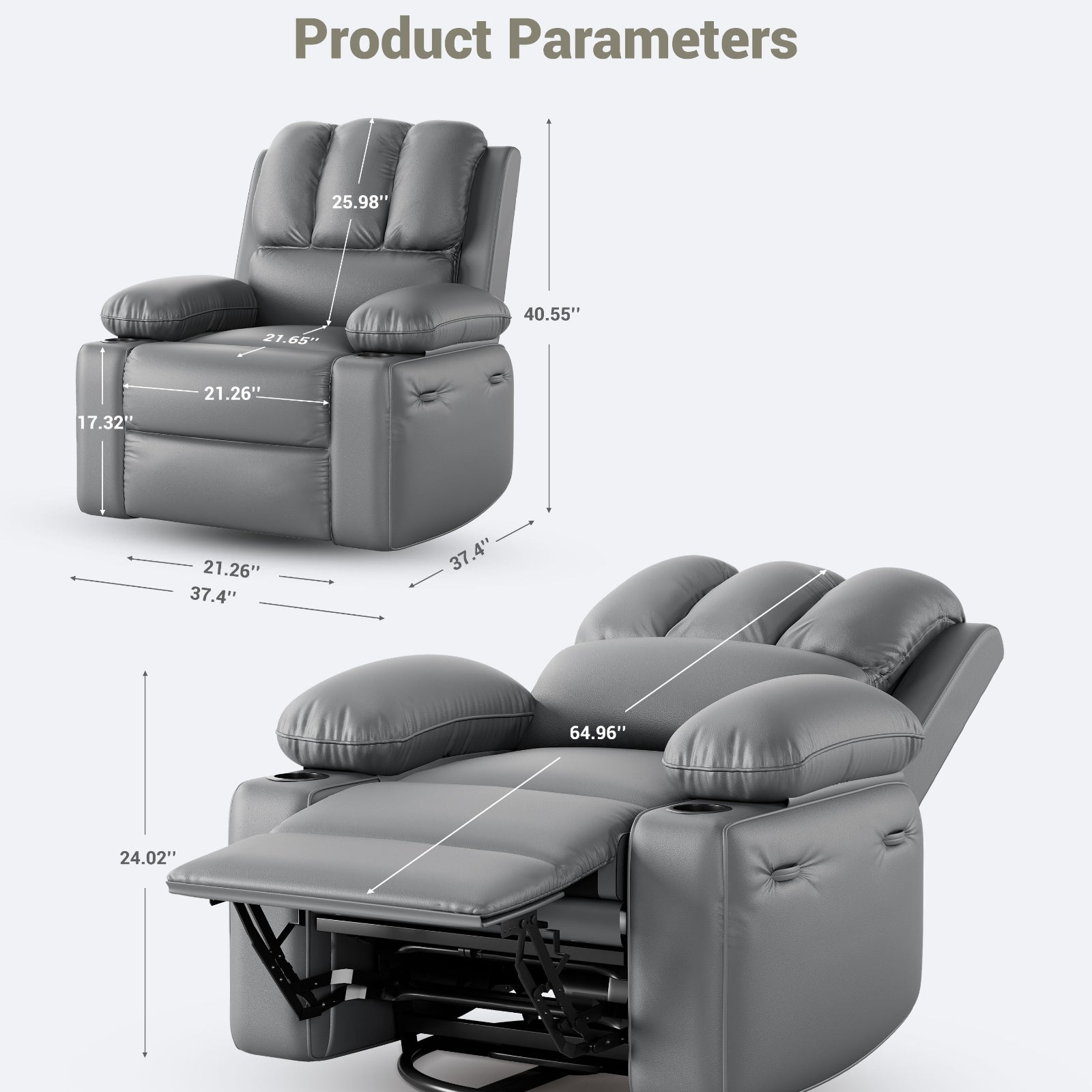 Garvee 22" Widen Manual PU Leather Recliner Chair with 2 Cup Holders, Side Pocket, PU Leather, Overstuffed Armrests, Iron Frame, Living Room Sofa, Gray