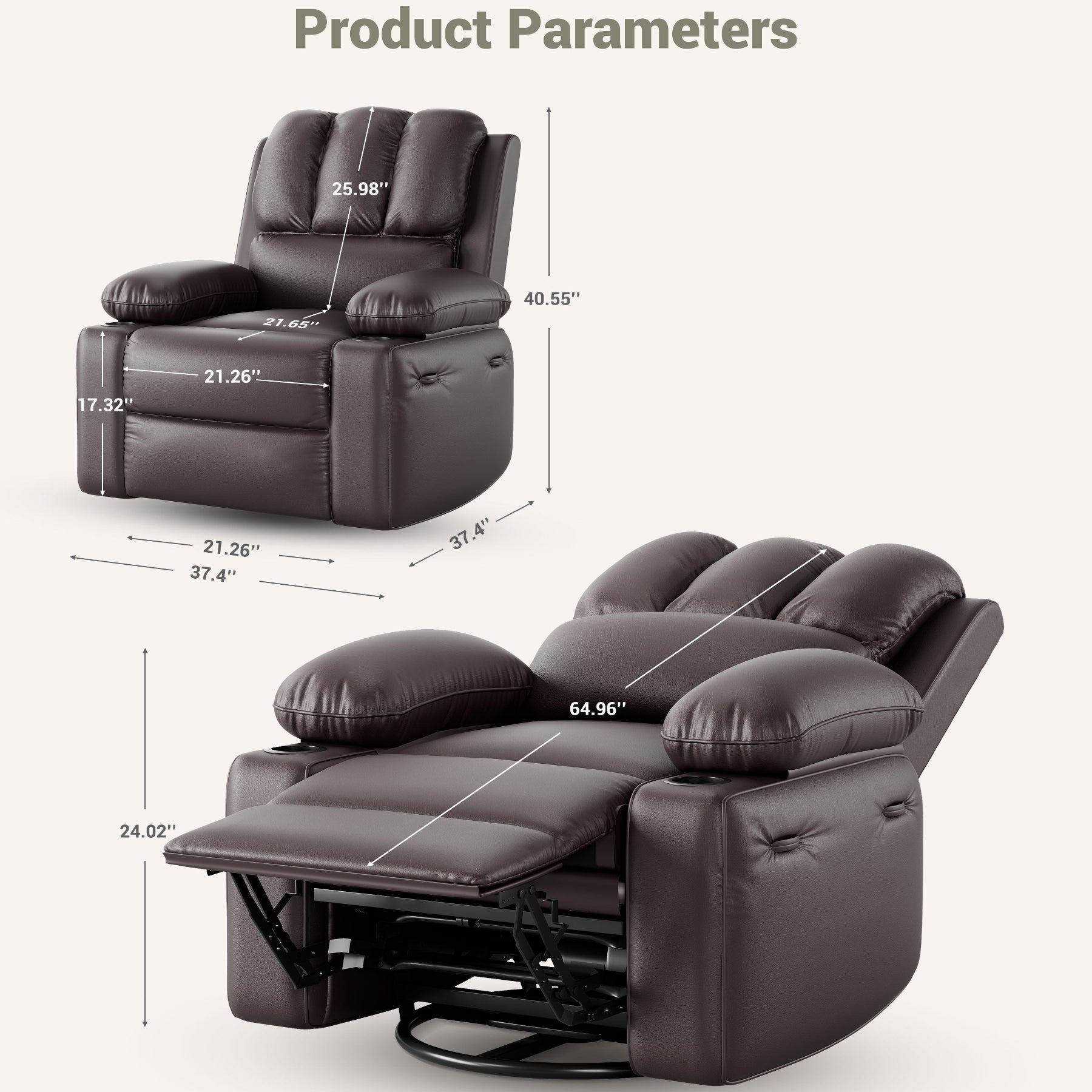 Garvee PU Leather Recliner Chair, Manual Rocking Recliner w/Comfortable Arms and Cup Holders for Living Room, Coffee