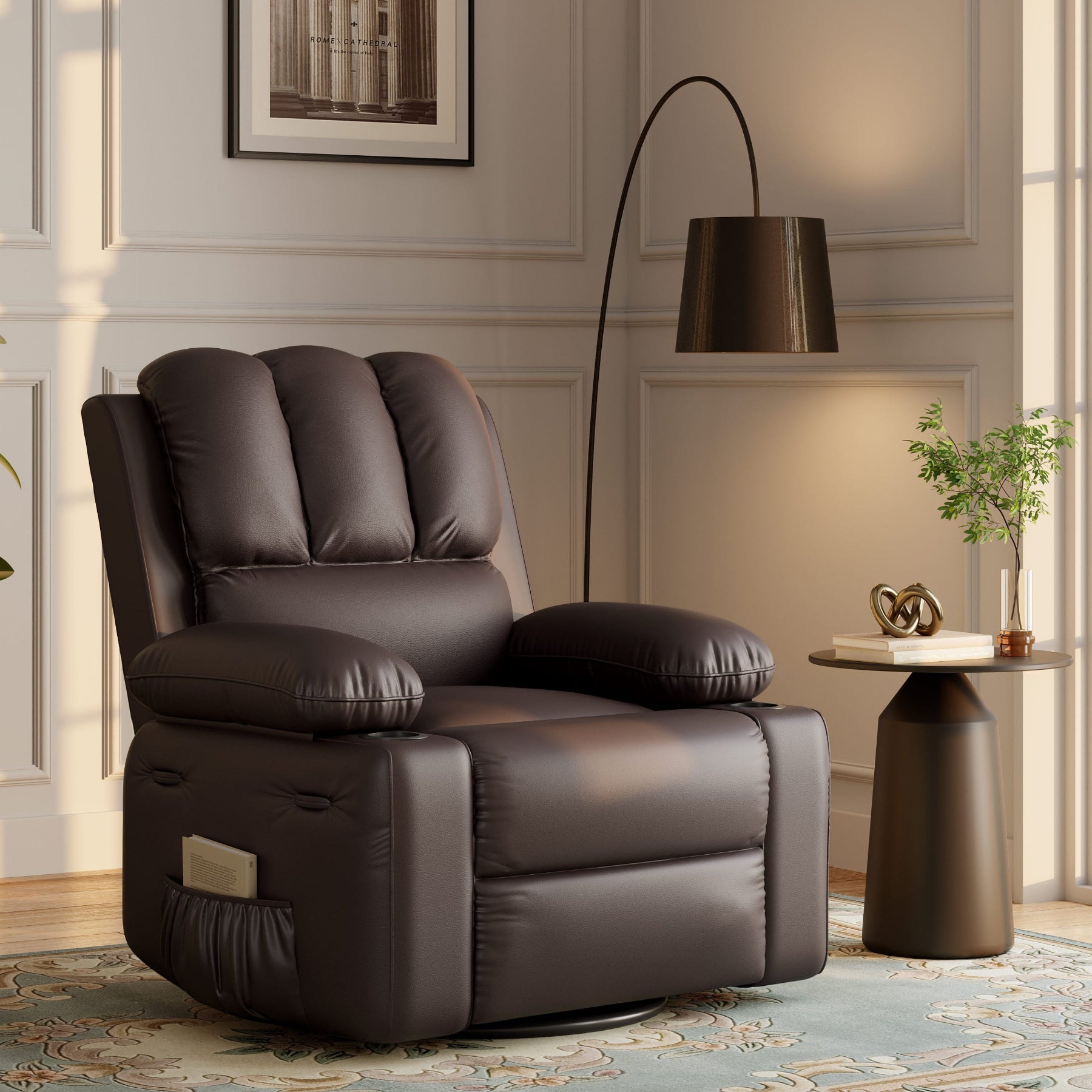 Garvee PU Leather Recliner Chair, Manual Rocking Recliner w/Comfortable Arms and Cup Holders for Living Room, Coffee