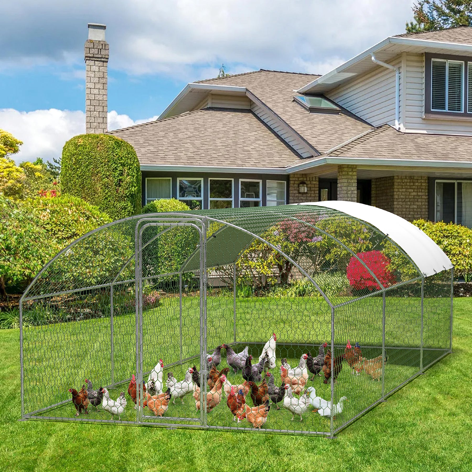 Garvee Large Metal Chicken Coop, Doom Roof Large Chicken Run for Yard, Walk-In Poultry Cage with Waterproof and Anti-Uv Cover, Chicken Pen for Outdoor Backyard Farm (9.8x19.7x6.6FT)