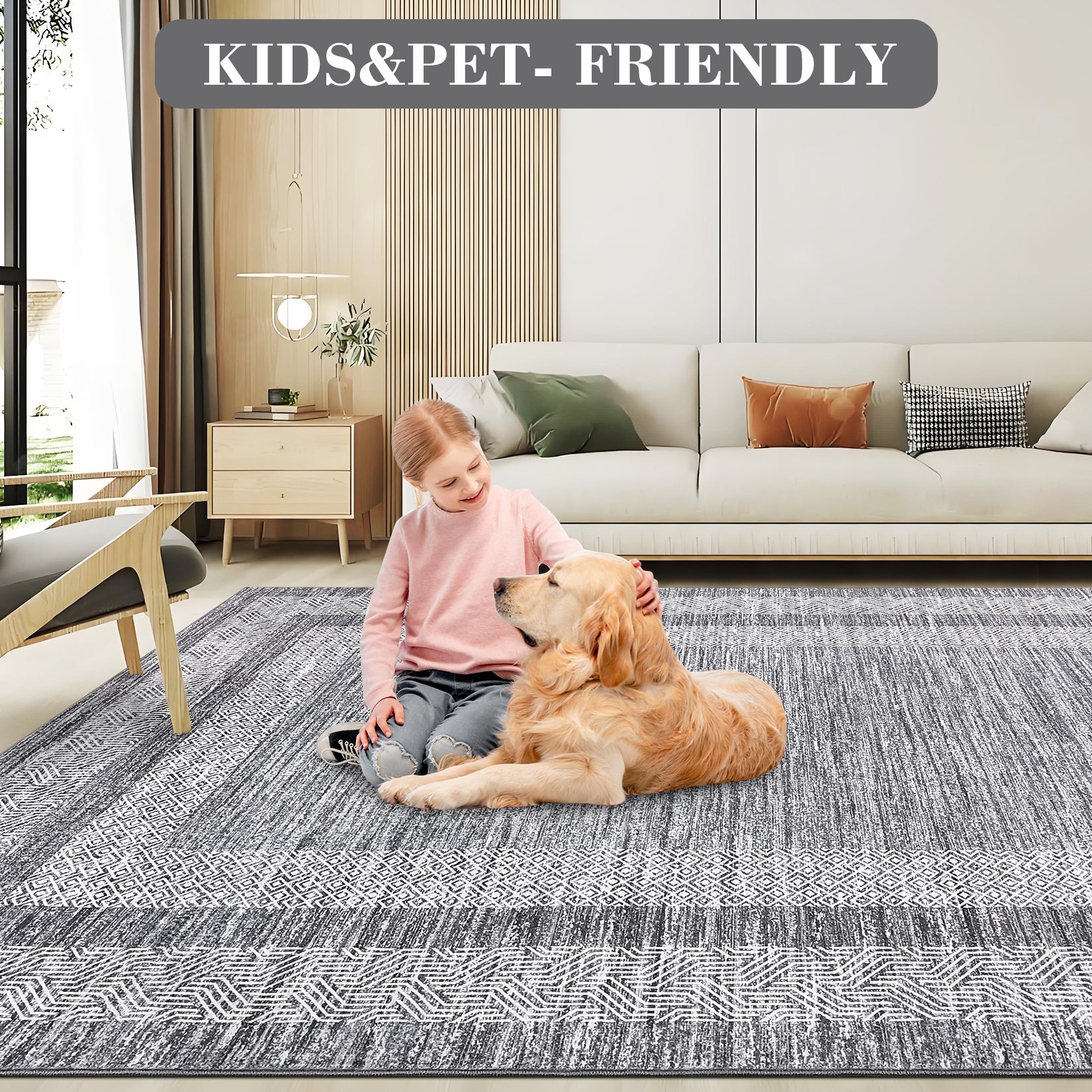 Garvee Bordered Grey 5x7 Modern Geometric Area Distressed Rug Washable Non Slip Floor Carpet Non Shedding Thin Rug, Soft Low Pile Rug, Contemporary Gray Rug for Dining Room, Living Room