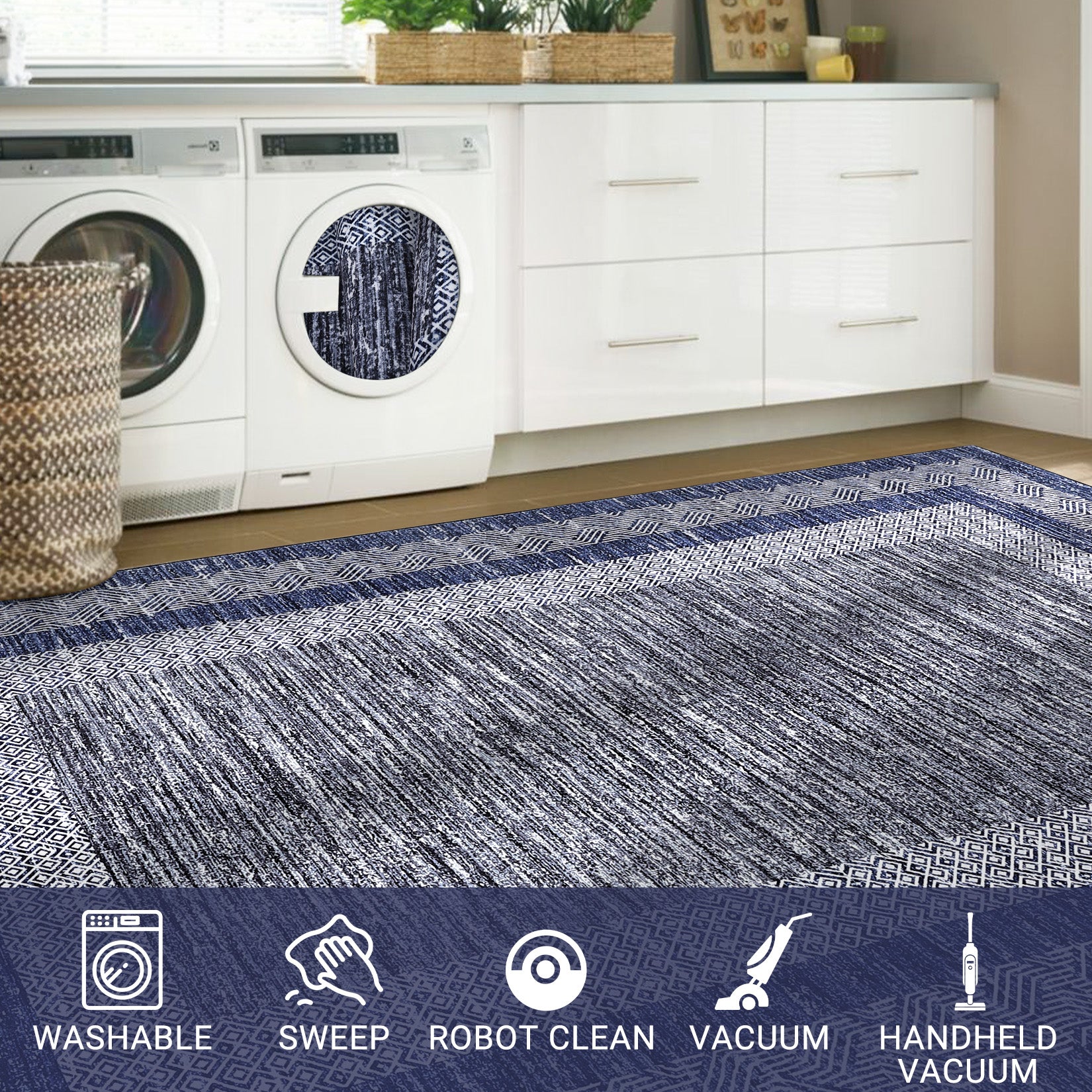 Garvee Bordered Blue 9x12 Large Modern Blue Area Rug Distressed Rug Soft Non Shedding Floor Carpet, Geometric Rug, Washable Non Slip Rug, Low Pile Indoor Area Rug for Living Room, Bedroom