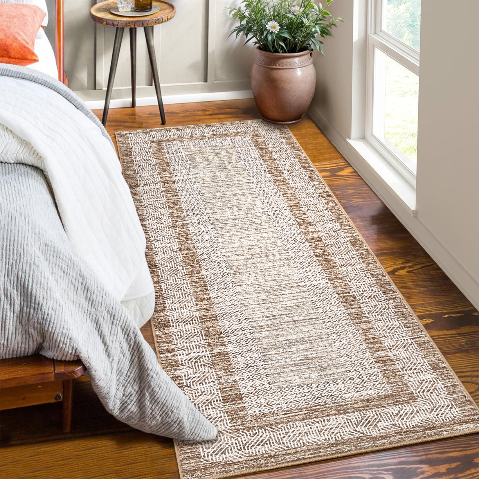 Garvee Bordered Brown 2x6 Modern Runner Rug Soft Non Slip Runner Washable Non Shedding Floor Carpet, Distressed Geometric Hallway Runner, Indoor Printed Runner for Kitchen, Entrance
