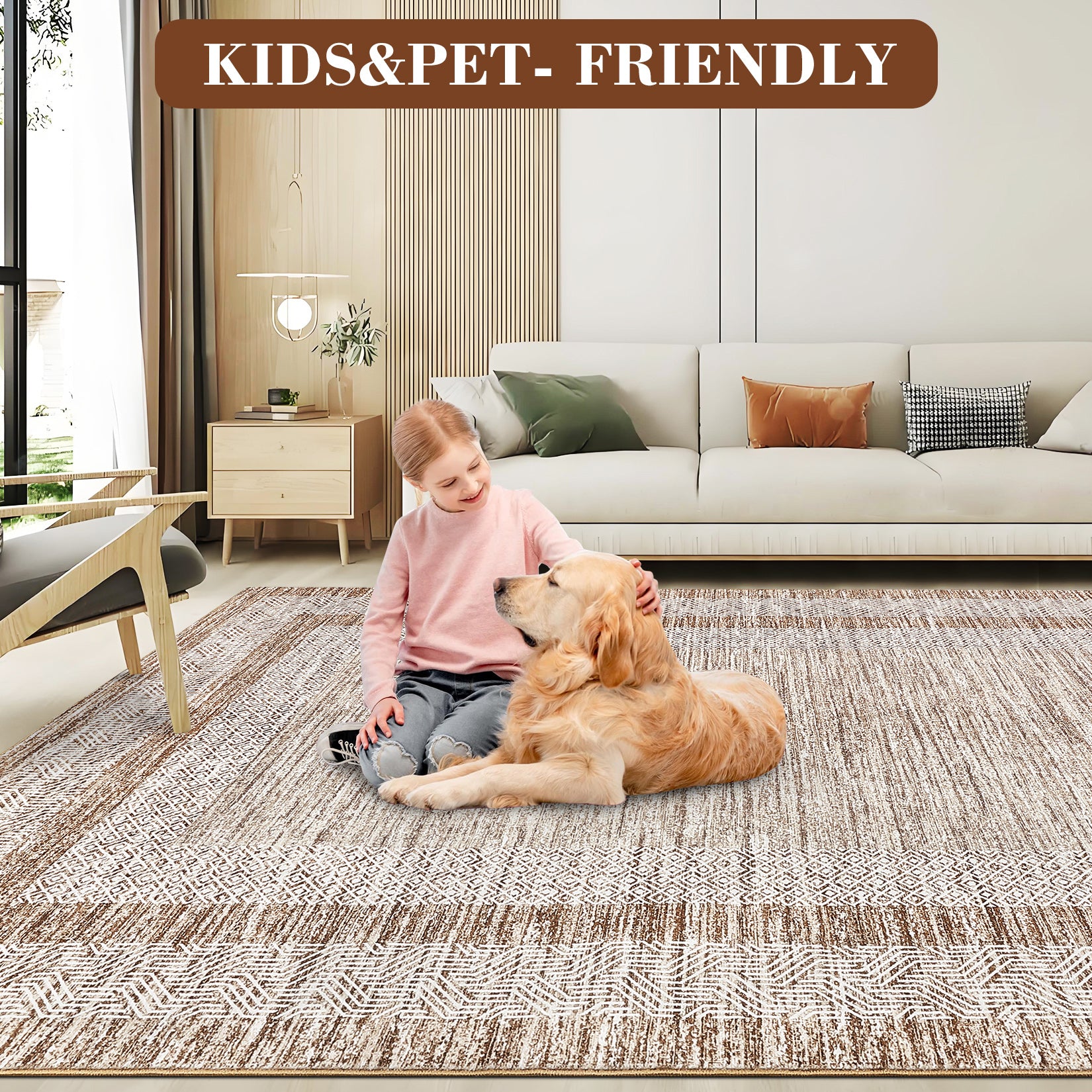 Garvee Bordered Brown 2x6 Modern Runner Rug Soft Non Slip Runner Washable Non Shedding Floor Carpet, Distressed Geometric Hallway Runner, Indoor Printed Runner for Kitchen, Entrance