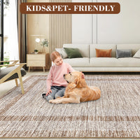 Garvee Bordered Brown 2x6 Modern Runner Rug Soft Non Slip Runner Washable Non Shedding Floor Carpet, Distressed Geometric Hallway Runner, Indoor Printed Runner for Kitchen, Entrance