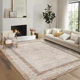 Garvee Bordered Brown 9x12 Large Modern Area Rug Distressed Rug Soft Non Shedding Floor Carpet, Geometric Rug, Washable Non Slip Rug, Low Pile Indoor Area Rug for Living Room, Bedroom - Brown