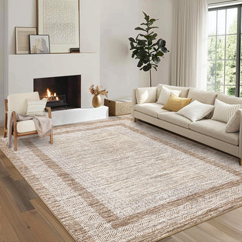 Garvee Bordered Brown 10x13 Large Washable Geometric Area Rug Non Slip Non Shedding Floor Carpet, Modern Bordered Rug, Distressed Blue Rug, Indoor Printed Rug for Living Room, Bedroom, Office