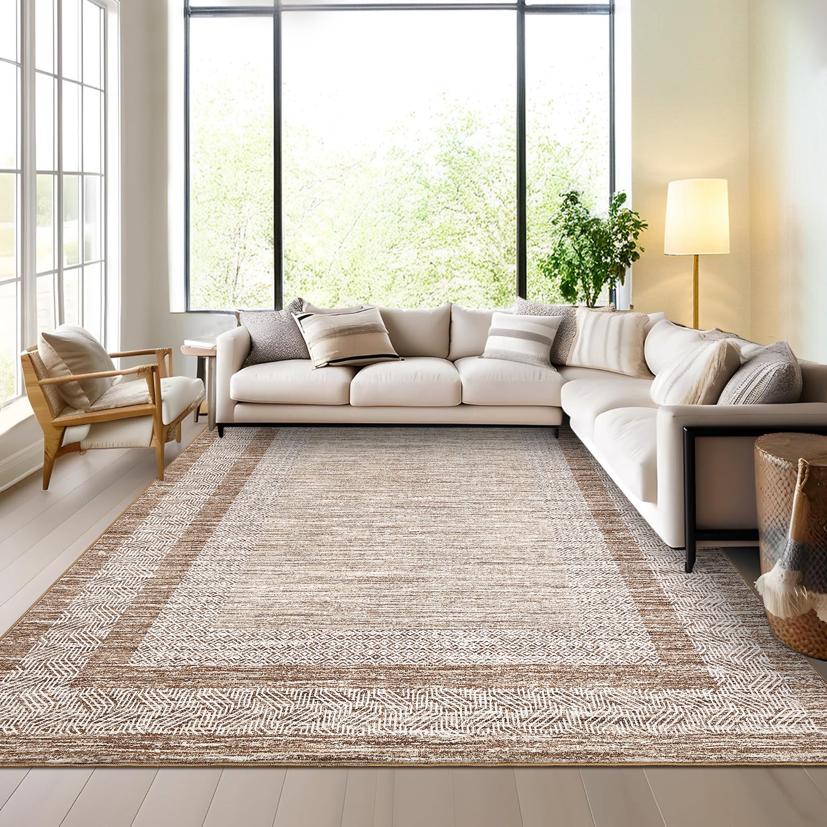 Garvee Bordered Brown 10x13 Large Washable Geometric Area Rug Non Slip Non Shedding Floor Carpet, Modern Bordered Rug, Distressed Blue Rug, Indoor Printed Rug for Living Room, Bedroom, Office