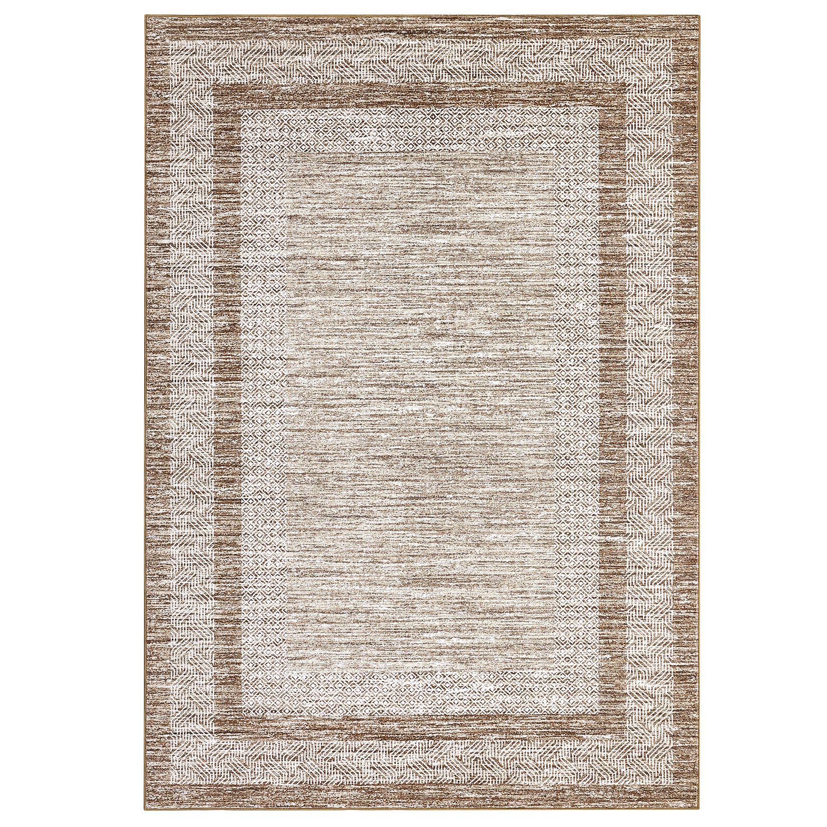 Garvee 8' x 10' Bordered Washable Area Rug, Distressed Geometric Non-Slip Soft Low-Pile Rug for Living Room, Bedroom & Dining Room, Brown