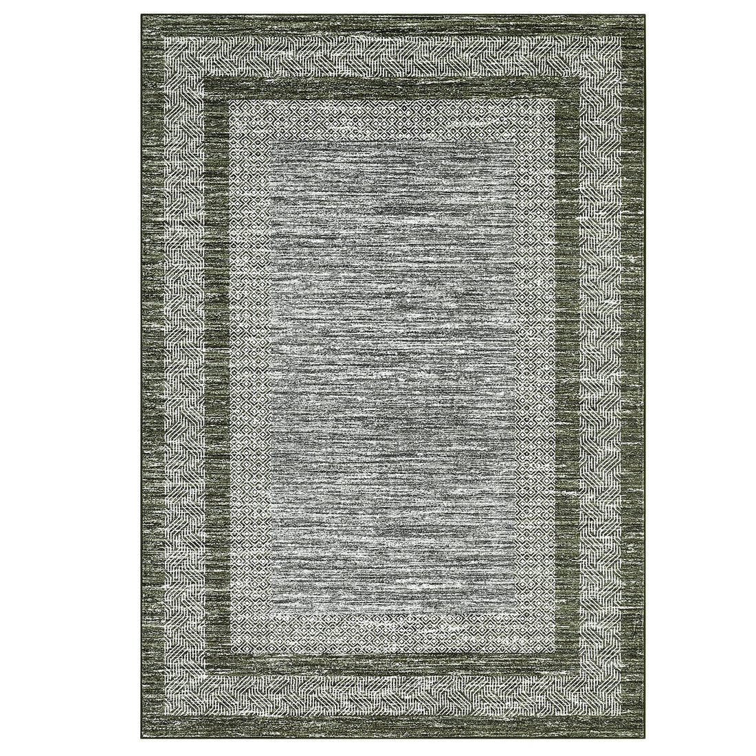 Garvee Bordered Green 8x10 Modern Distressed Border Design Washable Area Rug , Soft Non-Slip Low-Pile Carpet, Non-Shedding Indoor Green Rug for Home Decor