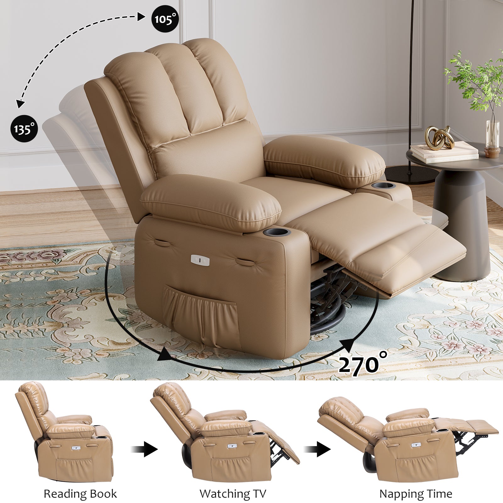 Garvee 27” Width Electric Power Oversized Rocker Swivel Recliner Chair, USB Charger Lazy Boy for Adults, w/ Vibrating Massage and Heating, 1.5x Sponge Filling for Living Room, Bedroom and Nursery