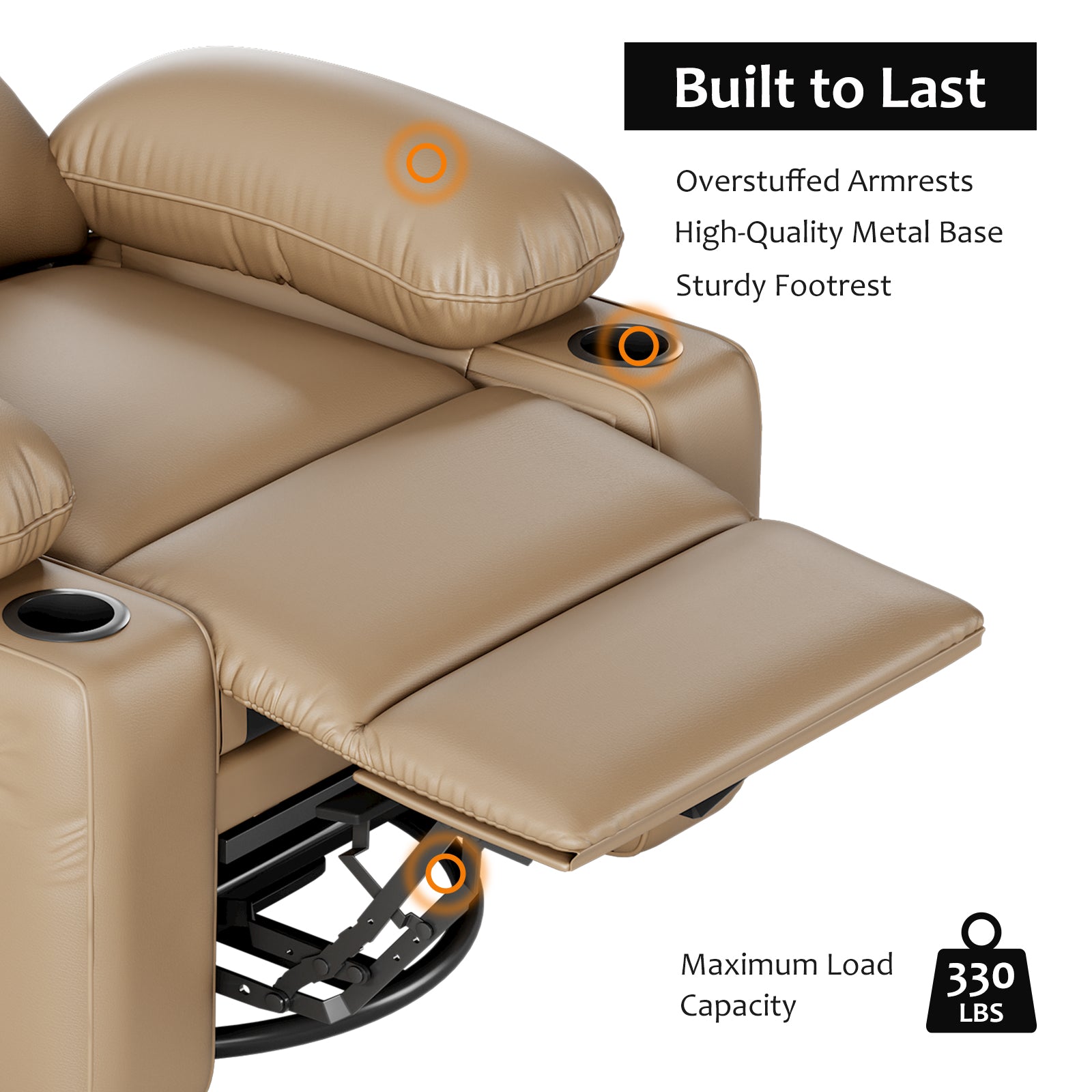 Garvee Large PU Leather Manual Recliner Chair with Cup Holders, Padded Arms, Durable Leather, Living Room Relaxation, Tan