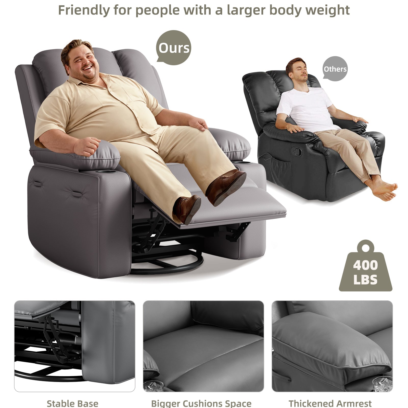 Garvee Oversized Recliner Chair with Heat and Massage, 360° Swivel, Manual Rocking, PU Leather, Cup Holder, for Living Rooms and Nurseries, Gray