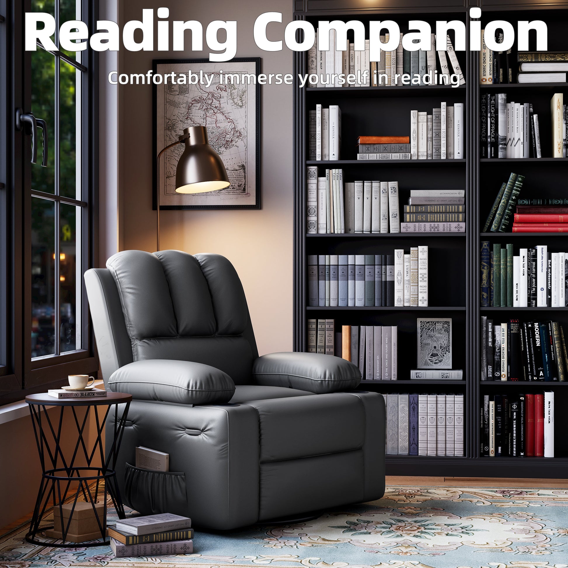 Garvee Oversized Recliner Chair with Heat and Massage, 360° Swivel, Manual Rocking, PU Leather, Cup Holder, for Living Rooms and Nurseries, Gray