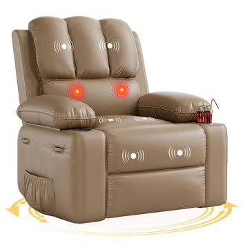 Garvee Recliner Chairs with Heat and Massage, 360° Swivel Lazy Recliner Chair for Elderly, Ergonomic Rocking Chair with Cup Holder for Living Rooms, Bedrooms and Nurseries - Tan