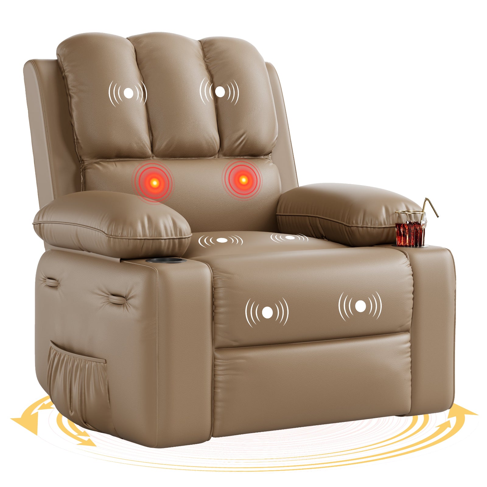 Garvee Oversized 27" Recliner Chairs with Heat and Massage, 360° Swivel Lazy Boy Recliner Chair for Adults, Manual Rocking Chair with Cup Holder for Living Rooms, Bedrooms and Nurseries, Tan