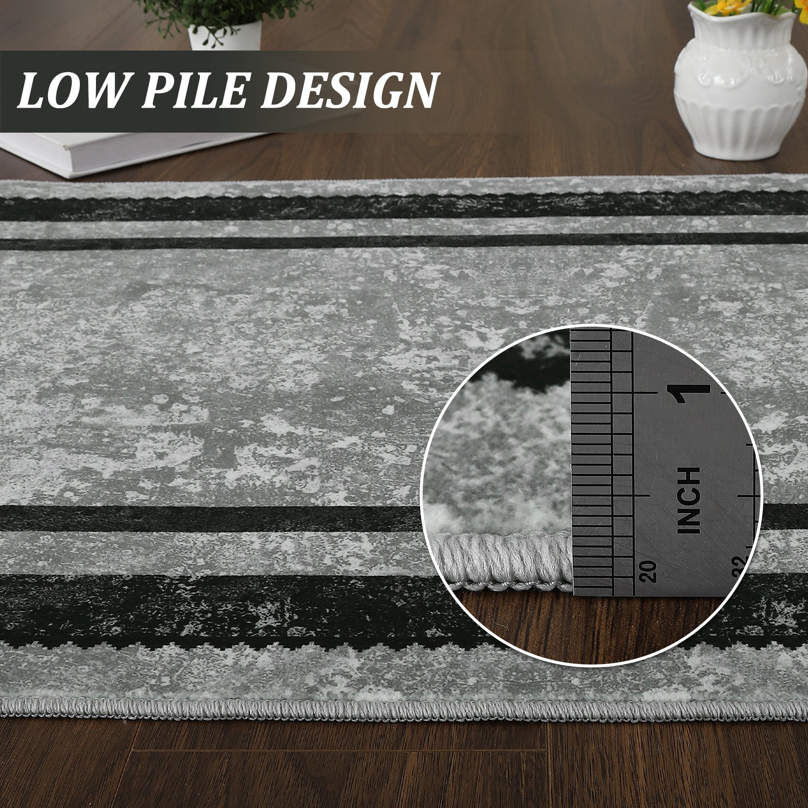 Garvee 9x12 Large Washable Thin Area Rug Modern Bordered Rug Distressed Geometric Floor Carpet Non Slip Non Shedding Rug, Soft Low Pile Rug, Indoor Decorative Rug for Living Room, Office, Gray