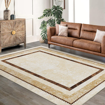 Garvee Modern Bordered Kitchen Runner Rugs Non Skid Washable Non-Slip Ultra-Thin Bathroom Rug Runner, Soft Carpet Runner for Entryway Laundry Room Bedroom Beige 5*7ft