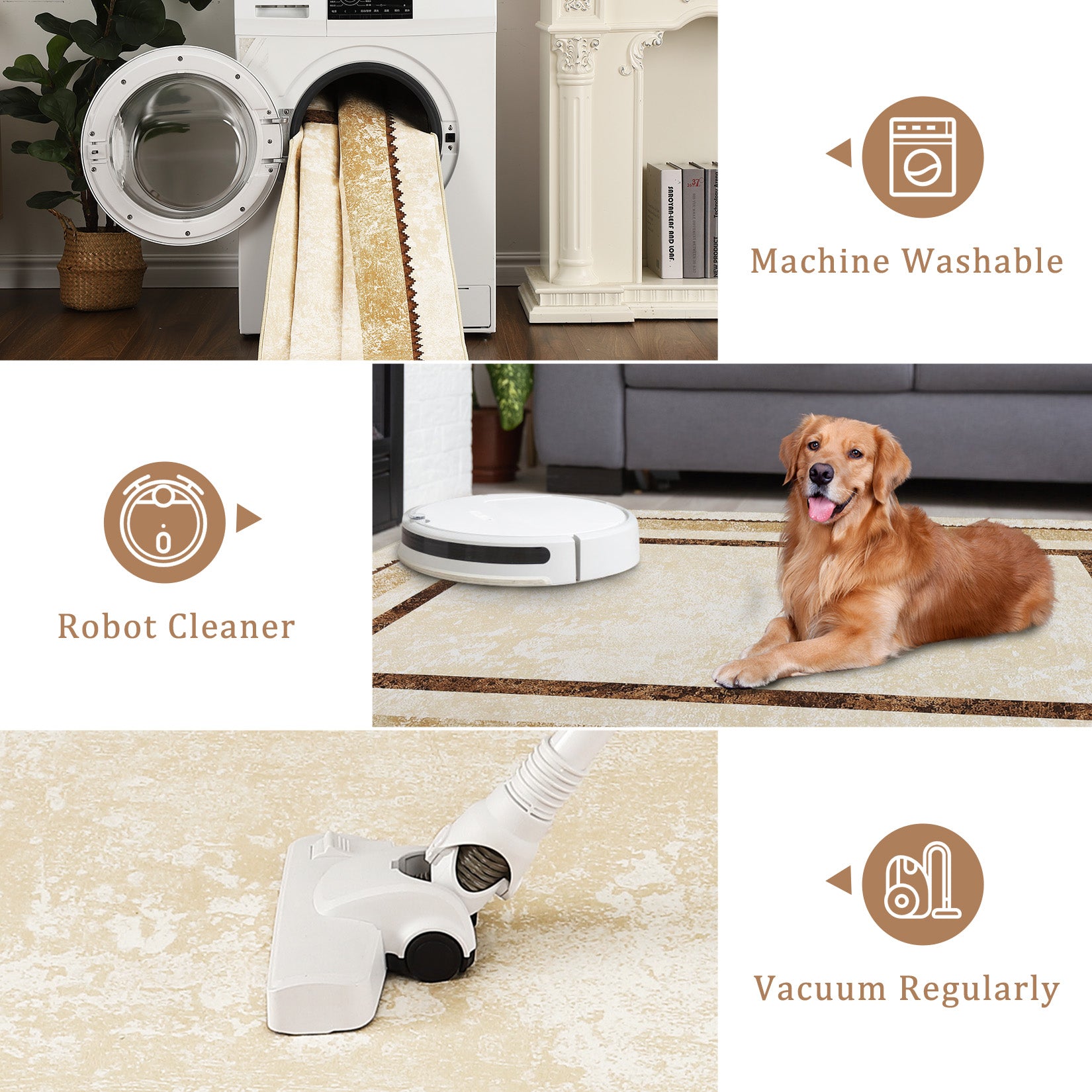 Garvee 10x13 Modern Bordered Area Rug Distressed Beige Rug Non Slip Non Shedding Floor Carpet Soft Low Pile Rug, Large Washable Thin Rug, Foldable Printed Rug for Living Room, Bedroom, Office