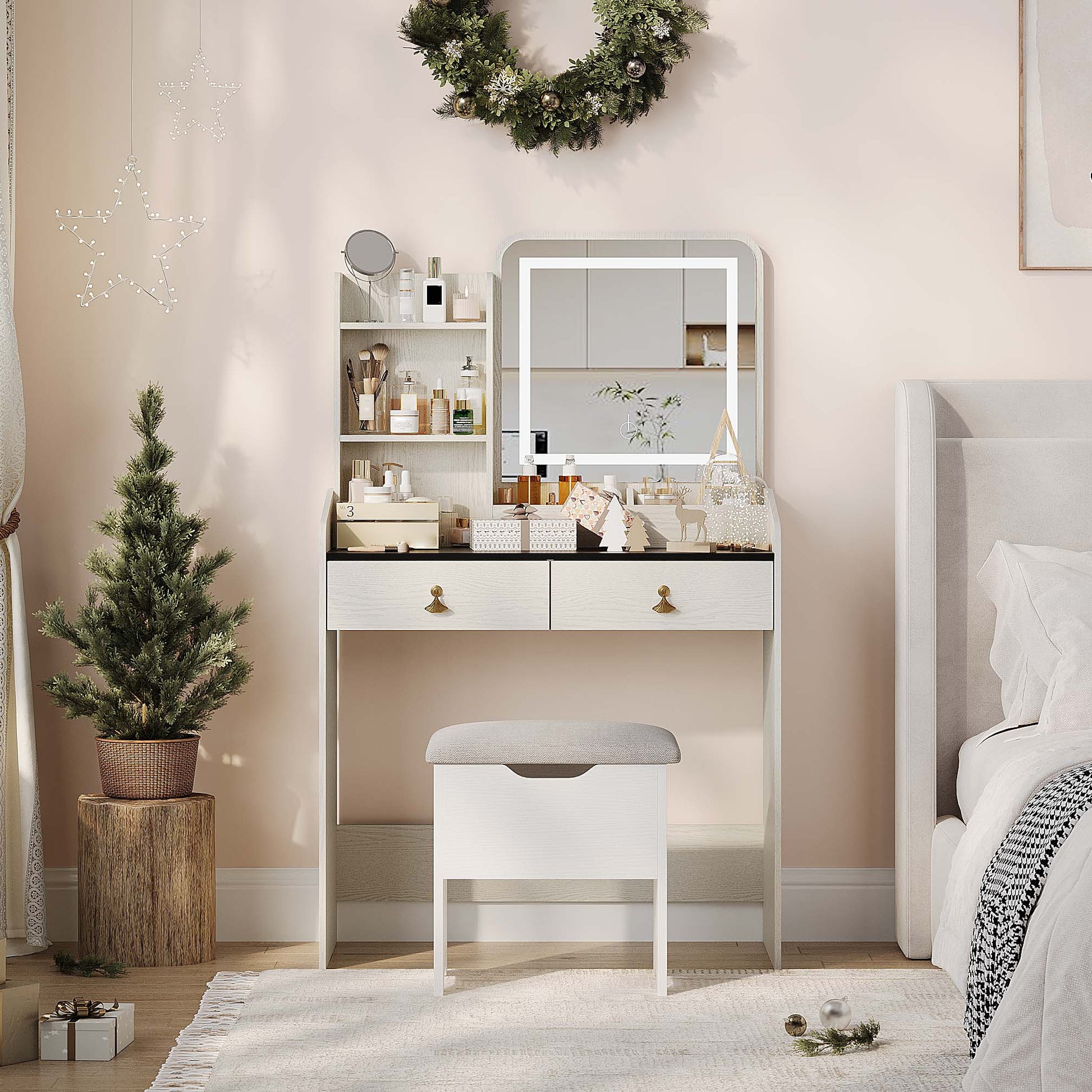 Garvee Small Vanity Desk, Makeup Table with Lighted Mirror and Charging Station, Modern Vanity Table Set with Storage Drawers, Open Shelves and Storage Stool, Ideal for Girls Women, Cream White