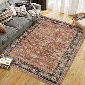 Garvee Distressed Printed Area Rug Low Pile Doormat Throw Rug Stain Resistant Home Decor Carpet Terracotta 9x12