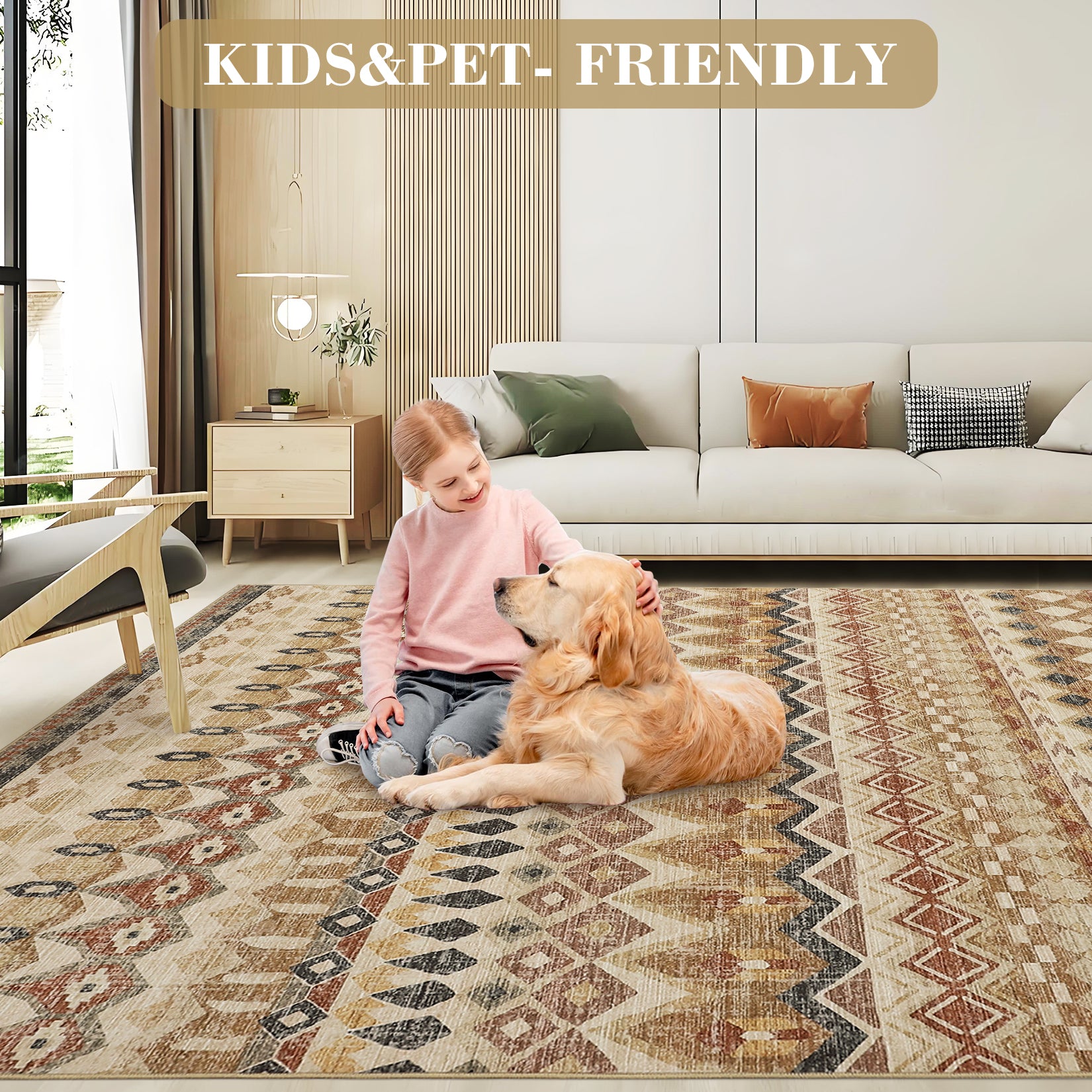 Garvee Boho Beige 5x7 Washable Area Rugs, Distressed Geometric Printed Throw Rugs, Non-Slip Low Pile Indoor Mat, Foldable Non-Shedding Accent Carpet for Living Room, Bedroom, Office