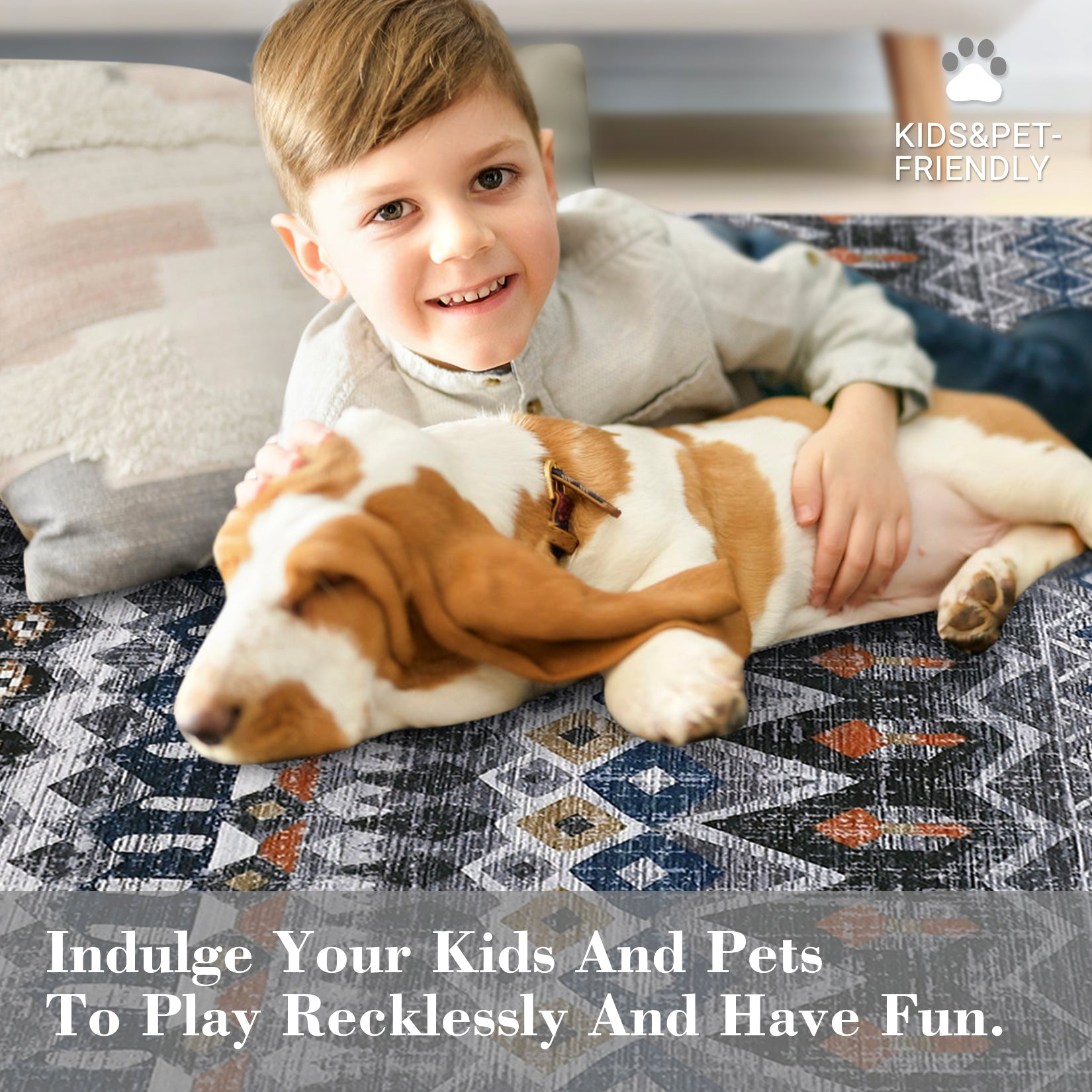 Garvee Boho Grey 8x10 Washable Living Room Rugs, Large Distressed Geometric Printed Area Rug, Non-Slip Low Pile Indoor Mat, Foldable Non-Shedding Accent Carpet for Dining Room
