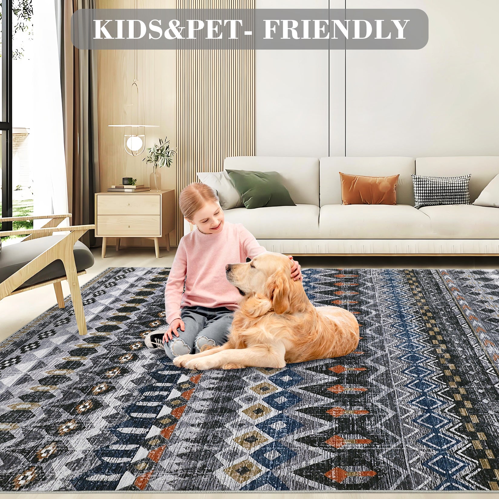 Garvee Boho Grey 8x10 Washable Living Room Rugs, Large Distressed Geometric Printed Area Rug, Non-Slip Low Pile Indoor Mat, Foldable Non-Shedding Accent Carpet for Dining Room