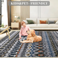 Garvee Boho Grey 8x10 Washable Living Room Rugs, Large Distressed Geometric Printed Area Rug, Non-Slip Low Pile Indoor Mat, Foldable Non-Shedding Accent Carpet for Dining Room
