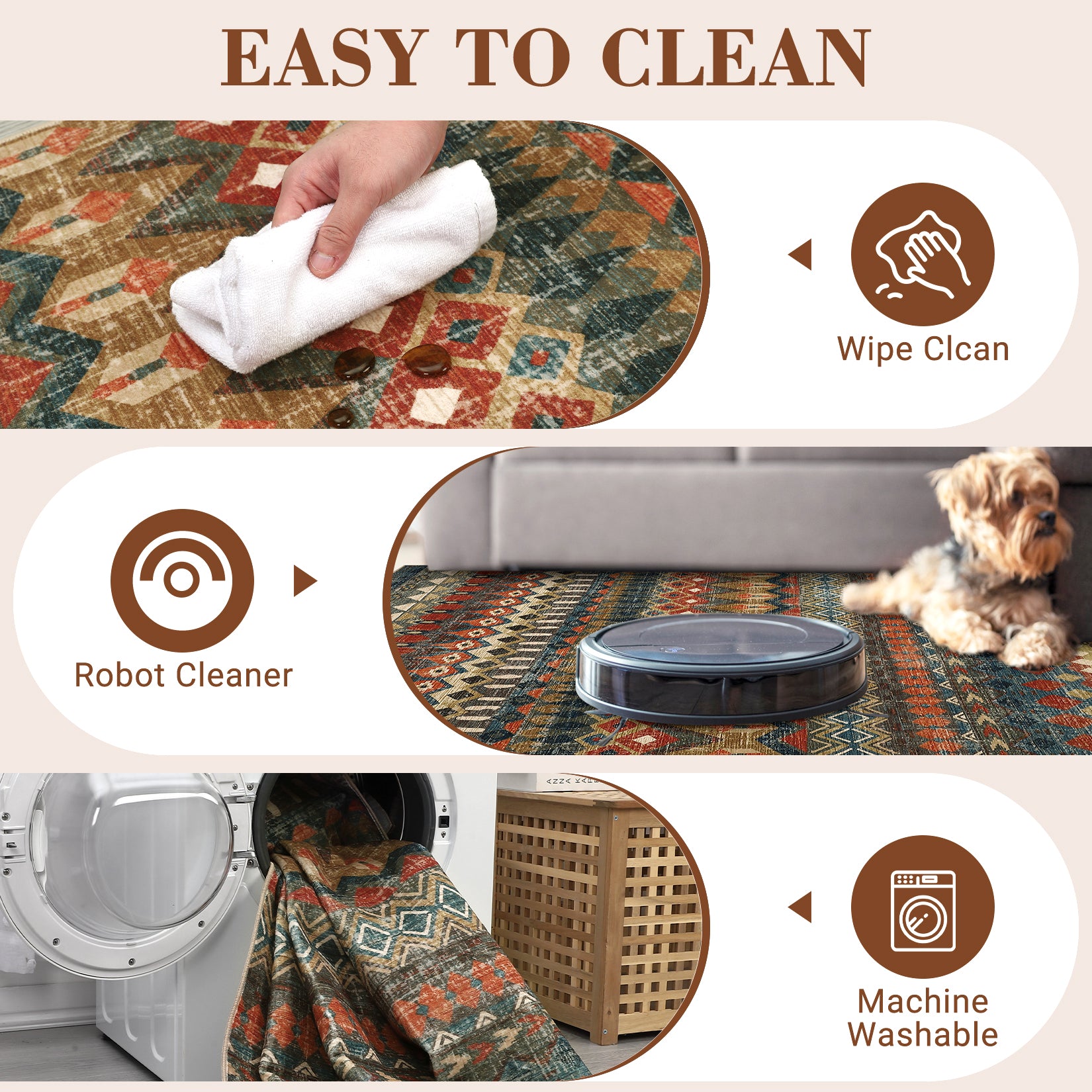 Garvee Boho Multicolor 5x7 Washable Area Rugs, Distressed Geometric Printed Throw Rugs, Non-Slip Low Pile Indoor Mat, Foldable Non-Shedding Accent Carpet for Living Room, Bedroom, Office