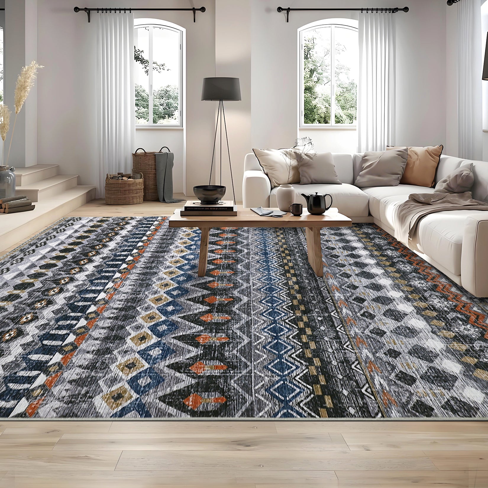 Garvee Boho Grey 8x10 Washable Living Room Rugs, Large Distressed Geometric Printed Area Rug, Non-Slip Low Pile Indoor Mat, Foldable Non-Shedding Accent Carpet for Dining Room
