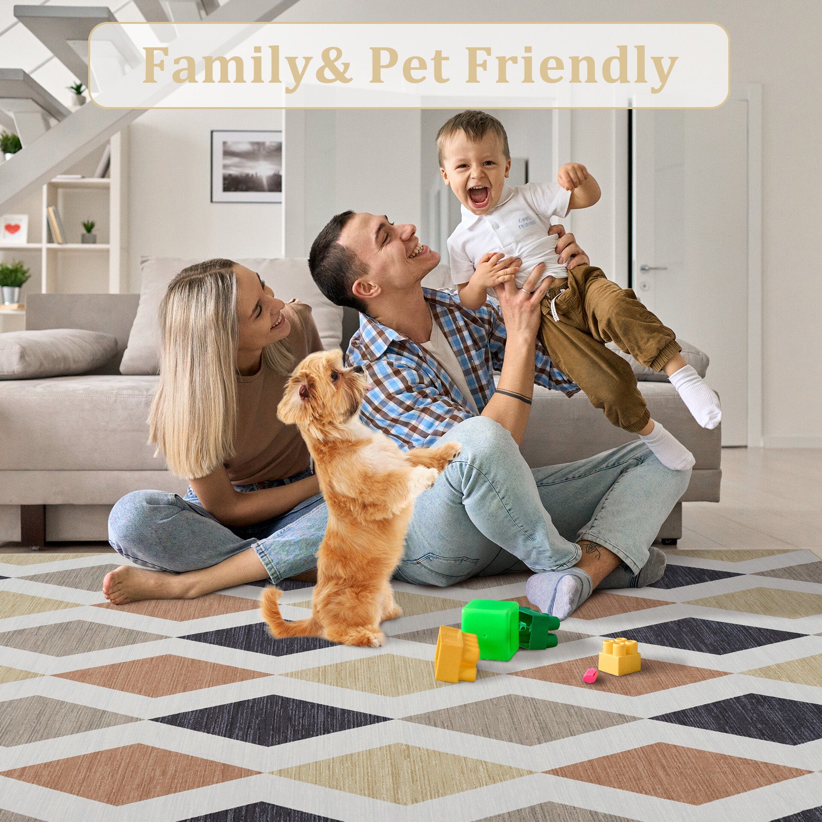 Garvee 10x13 Geometric Area Rug – Washable Non-Slip Modern Abstract Low Pile Carpet for Living Room, Bedroom & Dining Room, Camel Brown