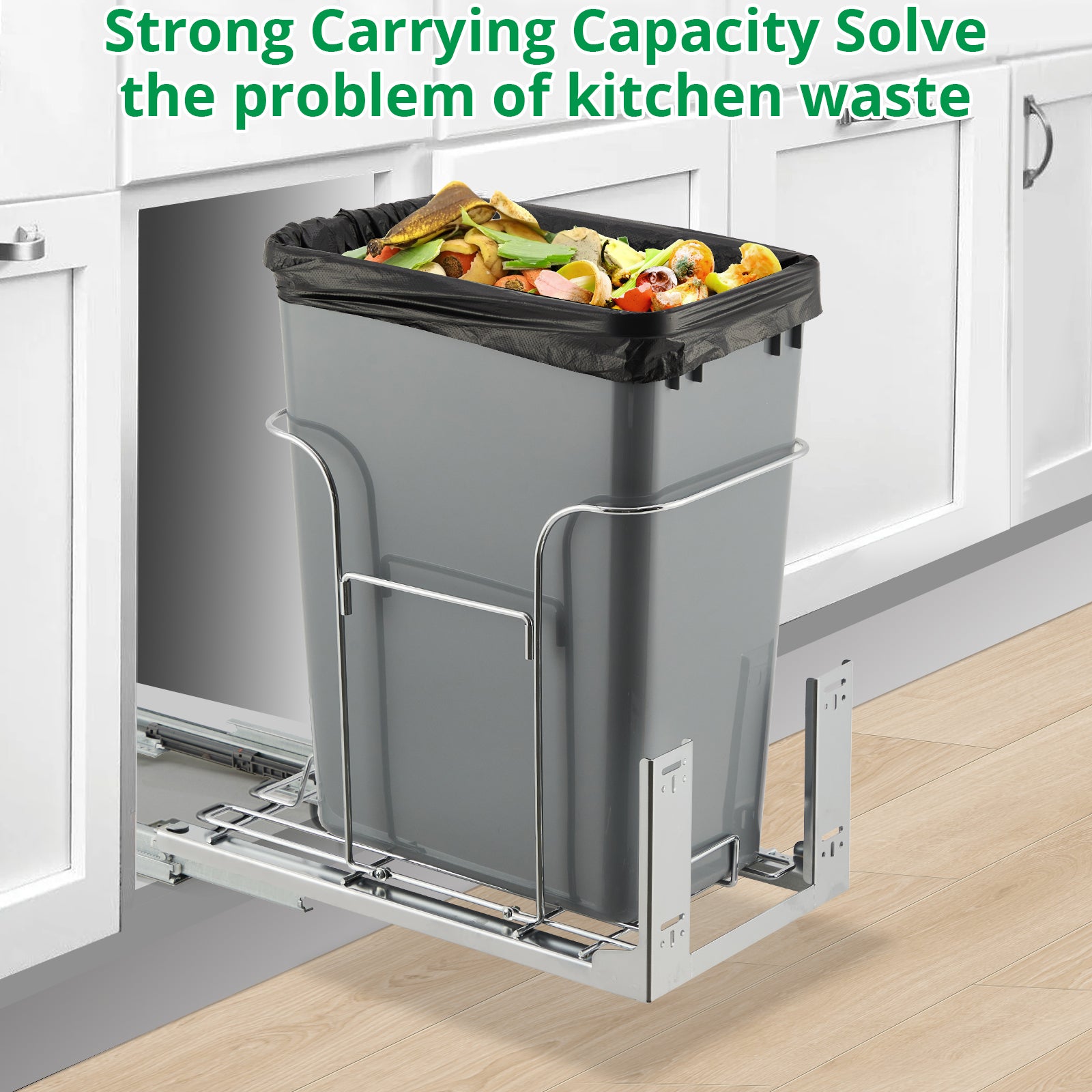 Garvee Pull Out Trash Can Under Cabinet, Stainless Steel Adjustable Slide Out Shelf for Waste Garbage Can Under Kitchen Sink for 30L Trash Can, Trash Can Not Included