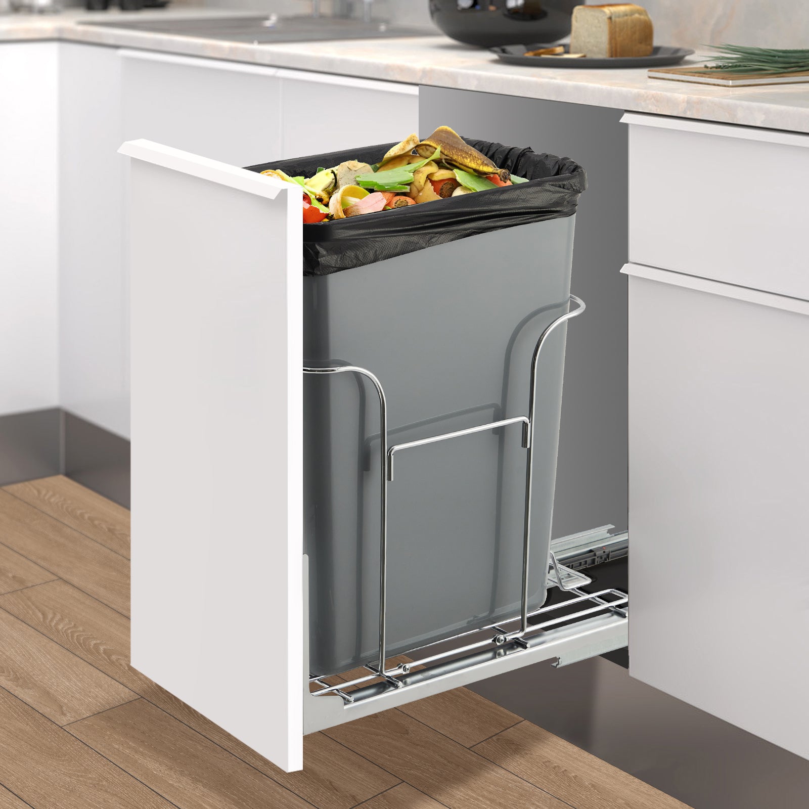 Garvee Pull Out Trash Can Under Cabinet, Stainless Steel Adjustable Slide Out Shelf for Waste Garbage Can Under Kitchen Sink for 30L Trash Can, Trash Can Not Included
