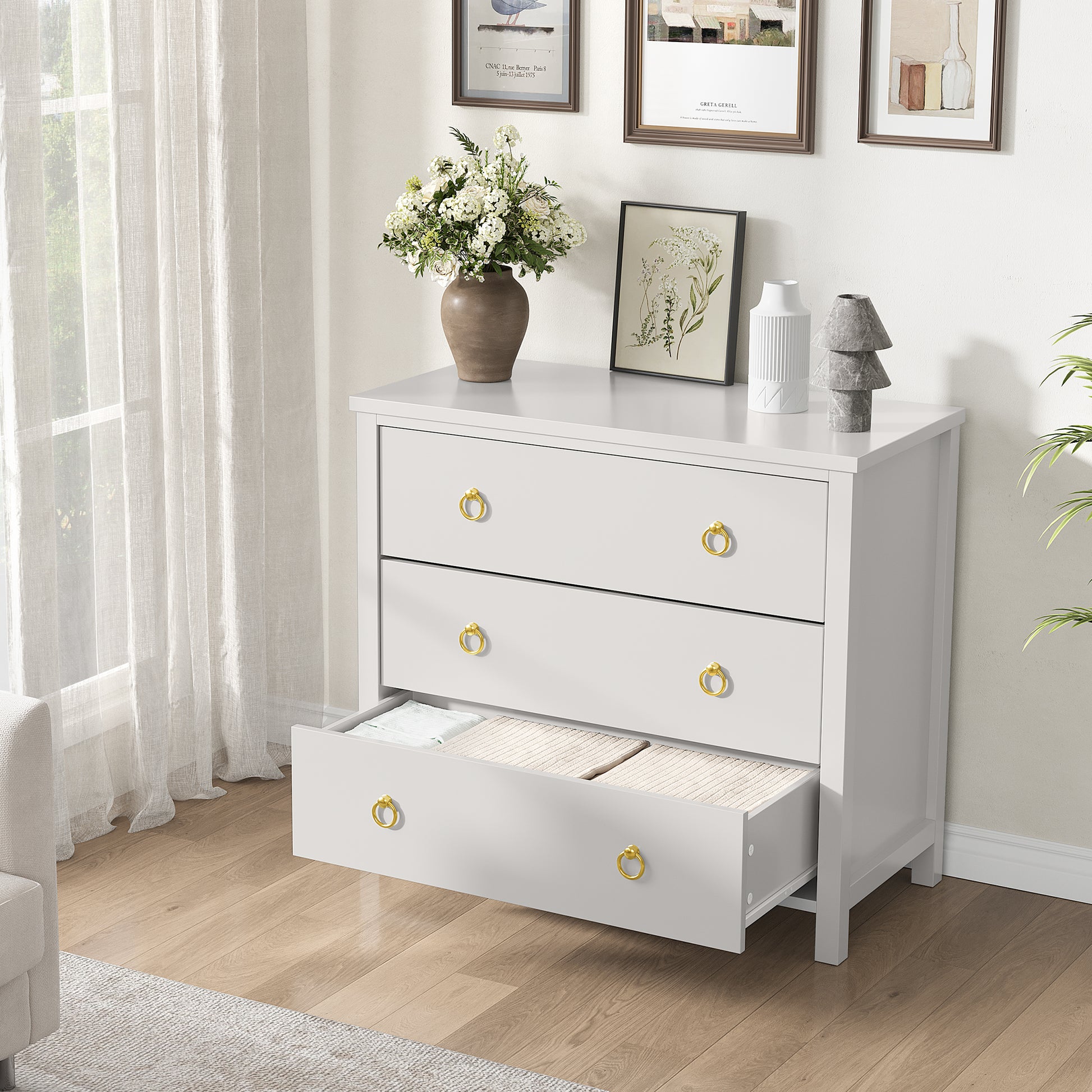 Garvee 3 Drawer Dresser for Bedroom, Modern Wood Dresser with Gold Metal Ring Handles, Freestanding Chest of Drawer with Anti-tipping Design for Living Room, Entryway, White