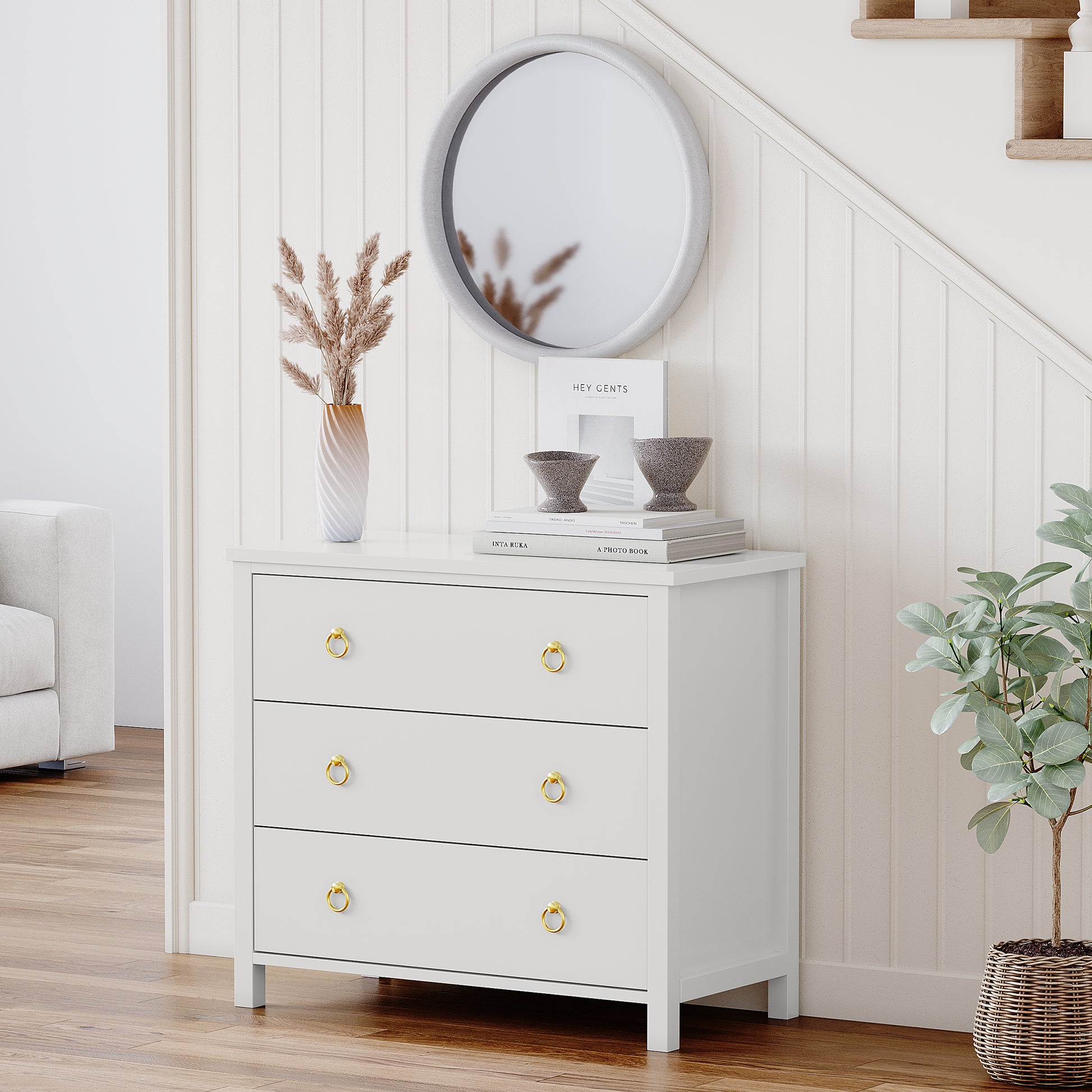 Garvee 3 Drawer Dresser for Bedroom, Modern Wood Dresser with Gold Metal Ring Handles, Freestanding Chest of Drawer with Anti-tipping Design for Living Room, Entryway, White