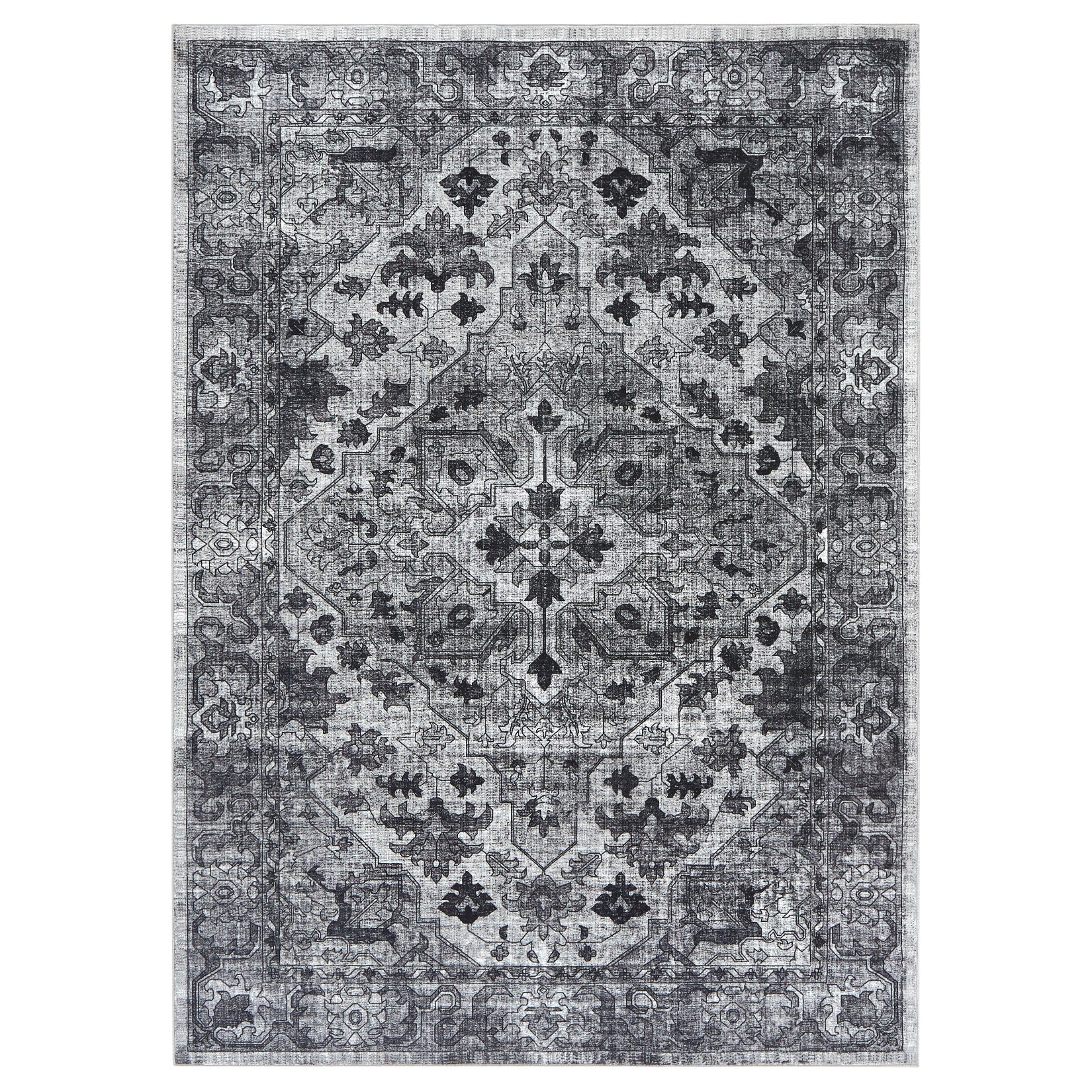 Garvee Vintage Floral Washable Area Rug, Dark Gray 9x12 Non Slip Low Pile Rug for Living Room and Bedroom, Kid and Pet Friendly