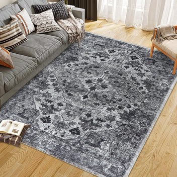 Garvee Vintage Floral Washable Area Rug, Dark Gray 9x12 Non Slip Low Pile Rug for Living Room and Bedroom, Kid and Pet Friendly