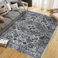 Garvee Vintage Floral Washable Area Rug, Dark Gray 9x12 Non Slip Low Pile Rug for Living Room and Bedroom, Kid and Pet Friendly