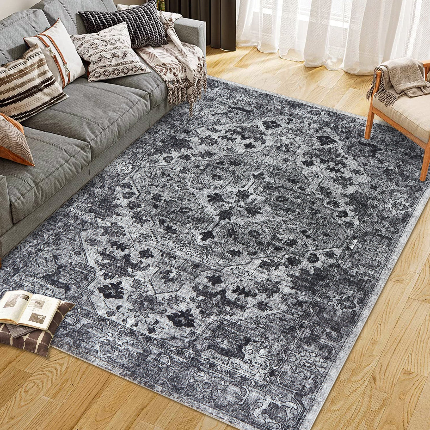 Garvee Vintage Floral Washable Area Rug, Dark Gray 5x7 Non Slip Low Pile Rug for Bedroom and Nursery, Kid and Pet Friendly
