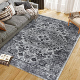 Garvee Vintage Floral Washable Area Rug, Dark Gray 8x10 Non Slip Low Pile Rug for Living Room and Bedroom, Kid and Pet Friendly - Dark Gray