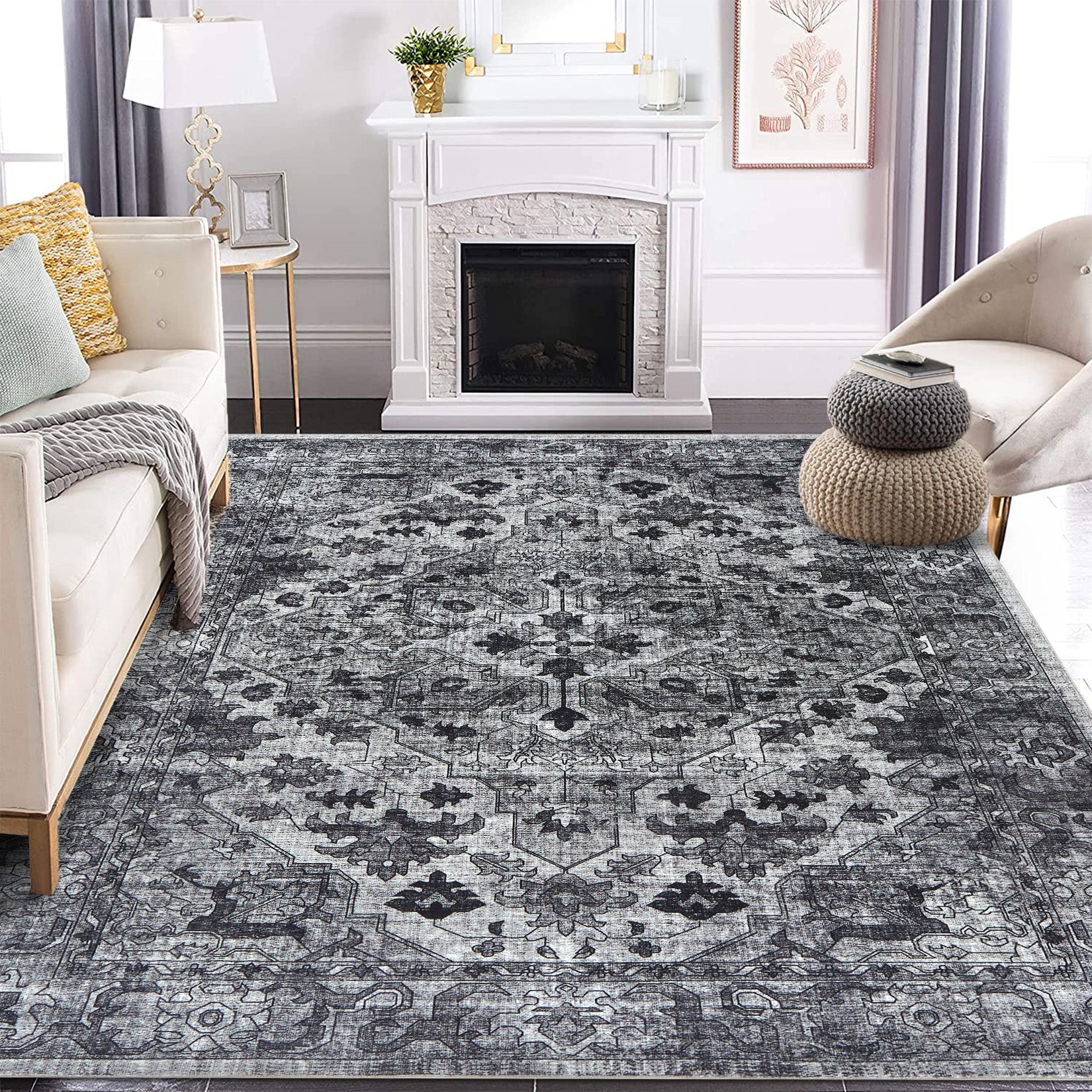 Garvee Vintage Floral Washable Area Rug, Dark Gray 10x13 Non Slip Low Pile Rug for Living Room and Bedroom, Kid and Pet Friendly