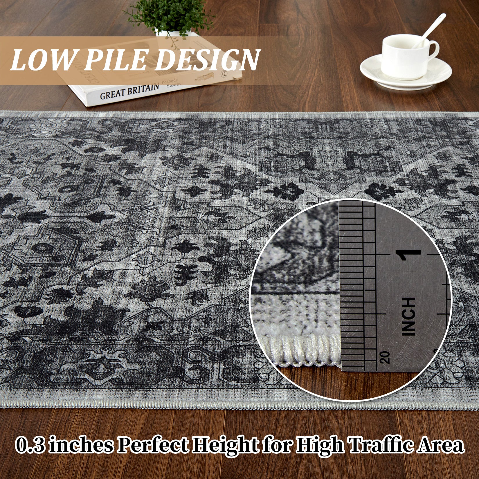 Garvee Vintage Floral Washable Area Rug, Dark Gray 5x7 Non Slip Low Pile Rug for Bedroom and Nursery, Kid and Pet Friendly