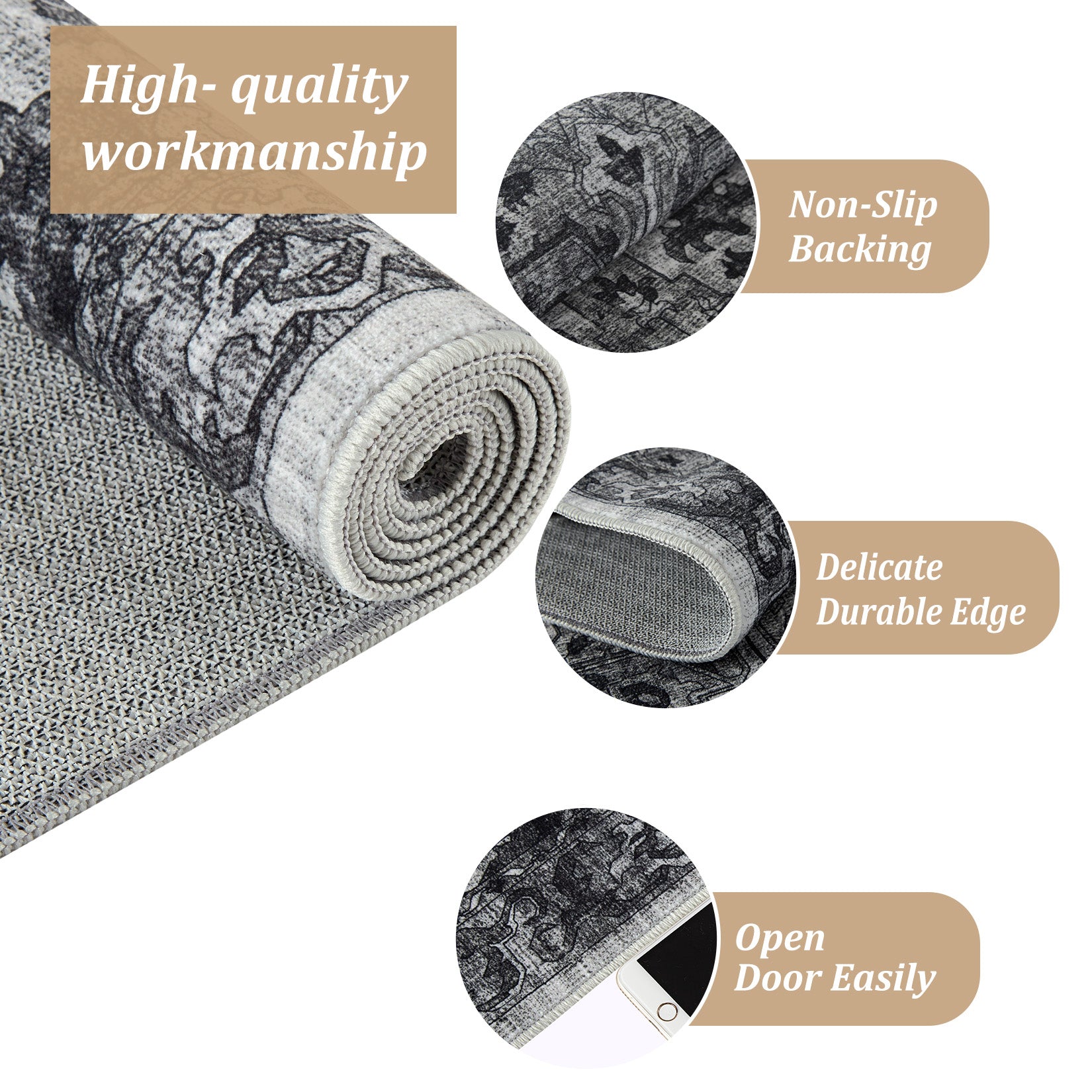 Garvee Vintage Floral Washable Area Rug, Dark Gray 9x12 Non Slip Low Pile Rug for Living Room and Bedroom, Kid and Pet Friendly