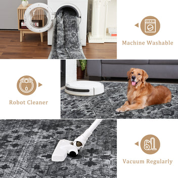 Garvee Vintage Floral Washable Area Rug, Dark Gray 9x12 Non Slip Low Pile Rug for Living Room and Bedroom, Kid and Pet Friendly